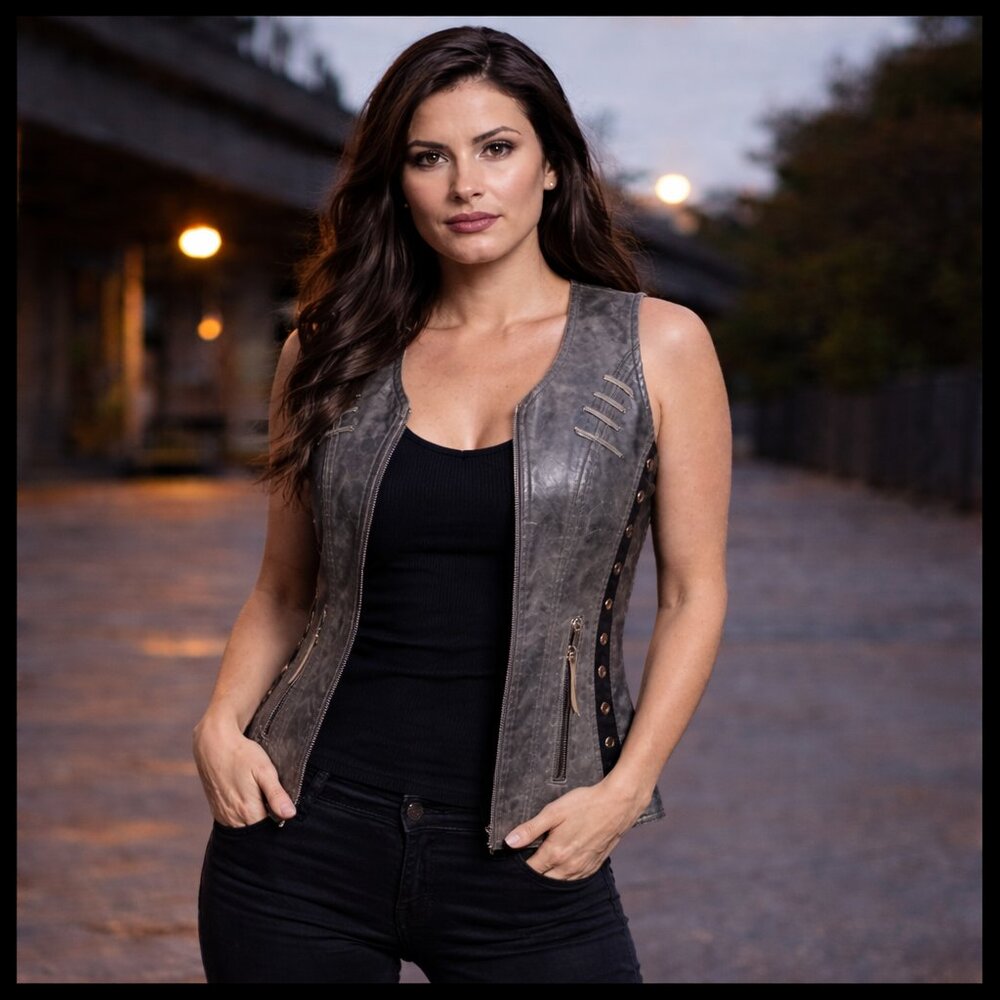 Ladies Lightweight Distressed Gray Leather Vest with Grommeted Twill and Lace - Picture 5 of 12